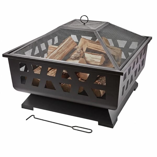 Brookhaven 34 in. Black Steel Wood Burning Fire Pit with Cover and Poker