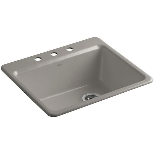 KOHLER Riverby Drop-In Cast-Iron 25 in. 3-Hole Single Bowl Kitchen Sink Kit with Bowl Rack in Cashmere