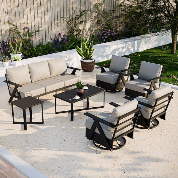 7-Piece Black  Patio Conversation Set Swivel Chair with Beige Cushions and Coffee Table