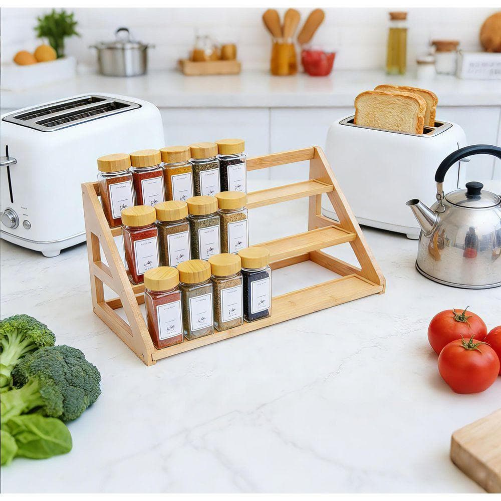 JFVKAF Three Tier Bamboo Natural Finish Spice Drawer Organizer with ...