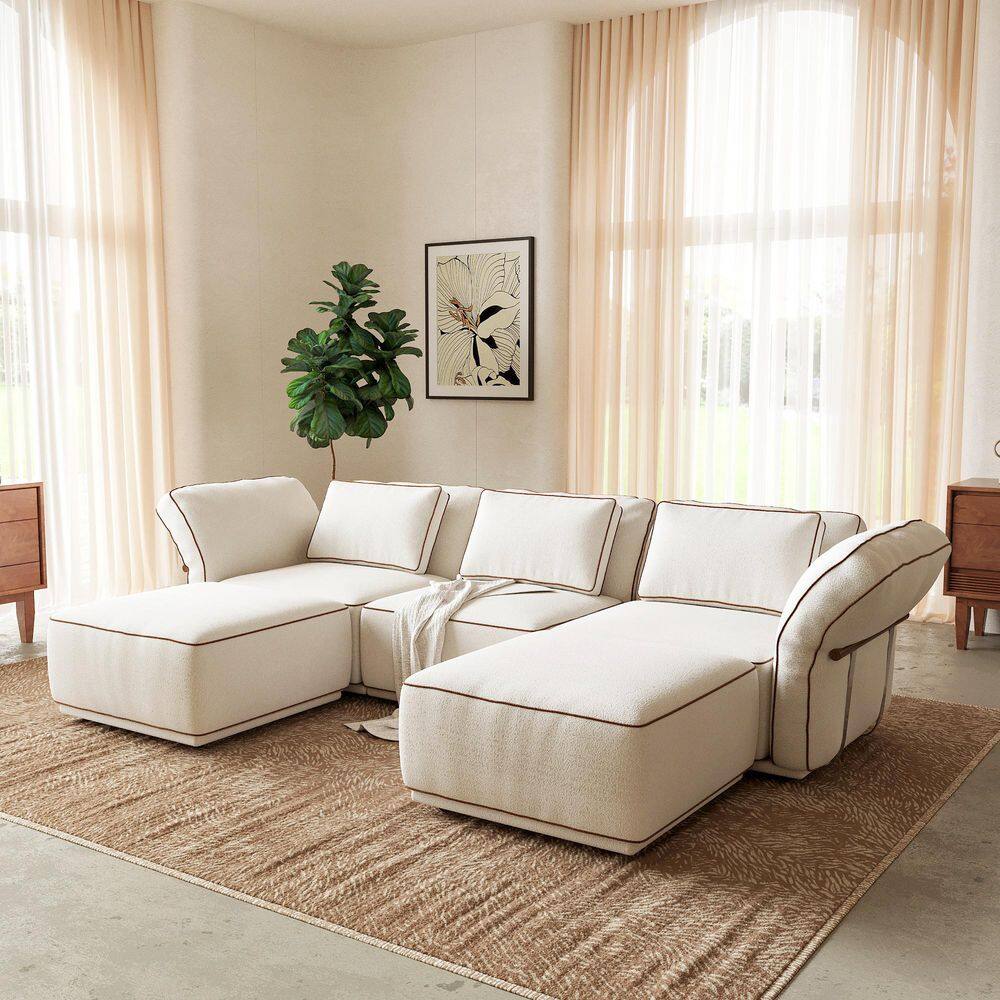 129 in. Wide Seat Pillow Top Arm Fabric Modular Sectional Sofa with Washable Cover,Ottomans in Beige for Living Room