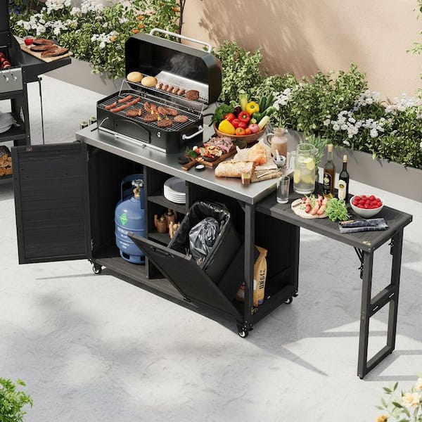 Runesay Farmhouse Black Steel 78.3 in. Kitchen Island Outdoor Grill Cart with Extendable Bar Table and Trash Can Storage