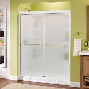 Crestfield 60 in. x 70 in. Semi-Frameless Traditional Sliding Shower Door in White and Brass with Rain Glass
