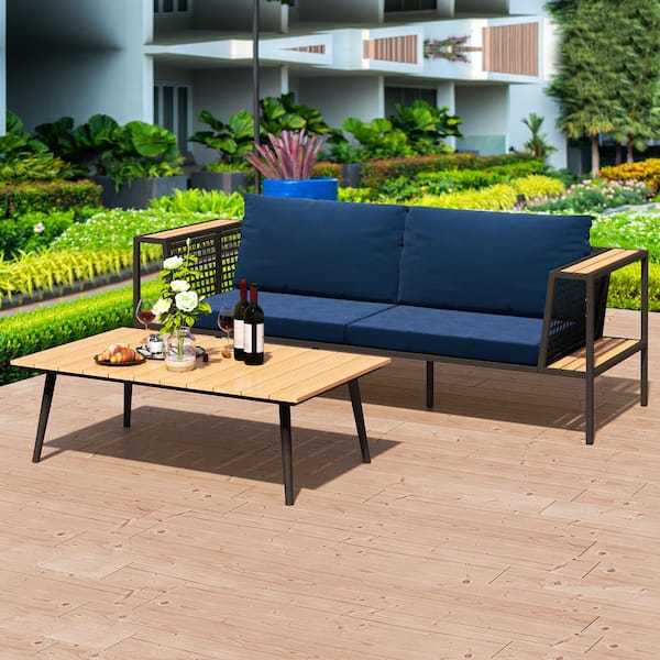 DEXTRUS Outdoor Wicker Patio Conversation Set with Deep Blue Cushions