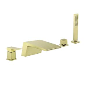 Single-Handle Waterfall Deck-Mount Roman Tub Faucet with Hand Shower 4-Hole Brass Bathtub Fillers in Brushed Gold