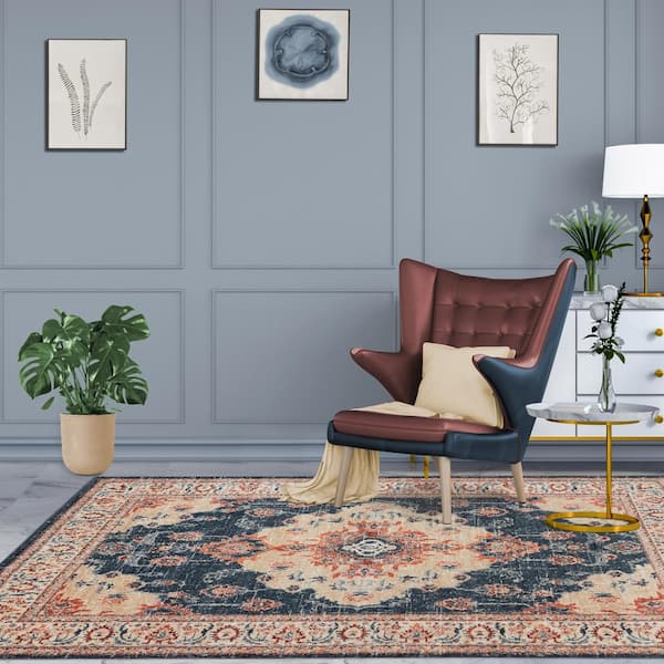Octavia Dark Blue 8 ft. x 10 ft. Vintage Medallion Polypropylene Area Rug