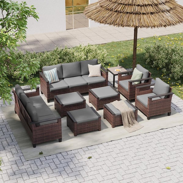 9 Pieces All-Weather PE Brown Wicker Patio Conversation Set with Side Table with Gray Cushion