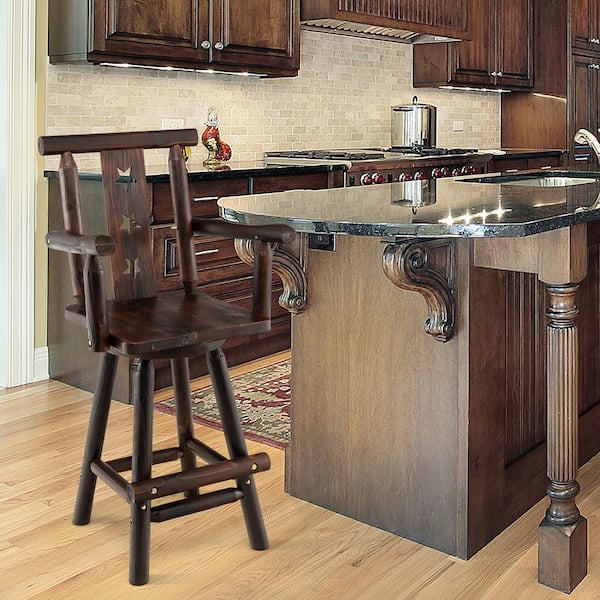 Costway 29 in. Brown High Back Wood Bar Stool Swivel Bar Height Kitchen Patio Chair with Back and Armrest