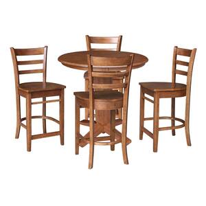 Aria Distressed Oak Solid Wood 36 in. Round Top Counter Height Pedestal Dining Table Set with 4 Emily Stools, Seats 4
