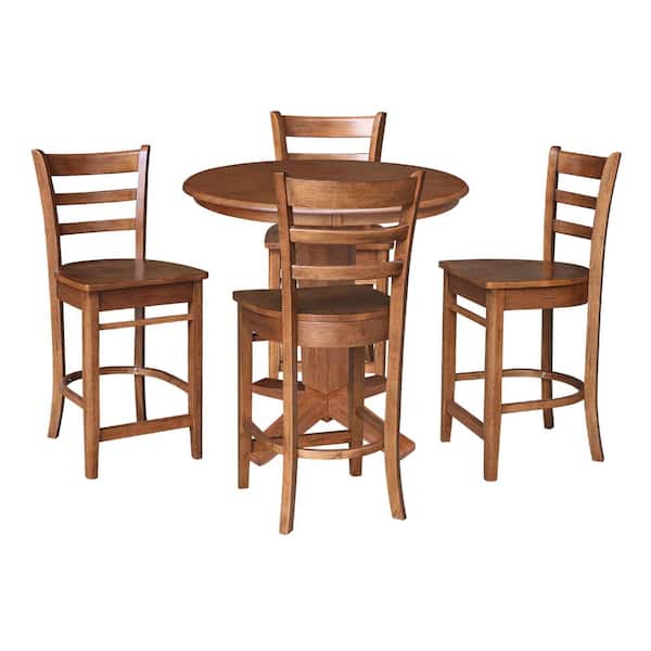 International Concepts Aria Distressed Oak Solid Wood 36 in. Round Top Counter Height Pedestal Dining Table Set with 4 Emily Stools, Seats 4