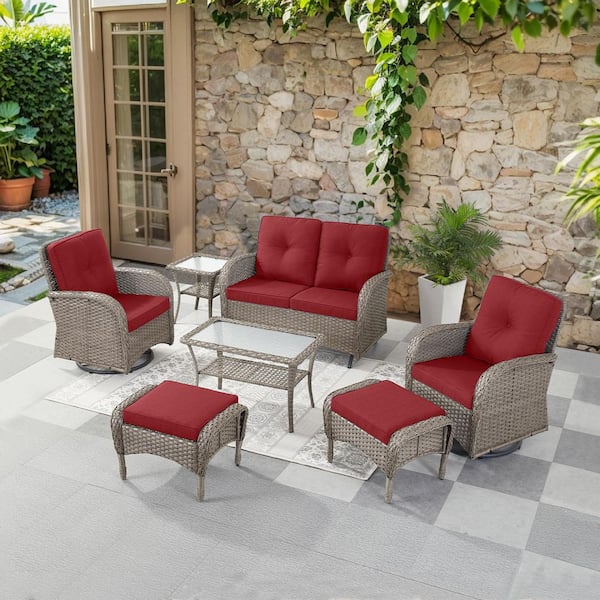 SleekArm 7-Piece Gray Wicker Patio Conversation Set with Olefin Gray Cushion/Glider Loveseat with Patio Swivel Chairs