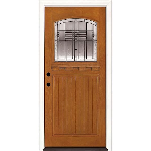 Feather River Doors 37.5 in. x 81.625 in. Monroe Patina Craft Arch 1/4 Lite Stained Honey Mahogany RH Inswing Fiberglass Prehung Front Door