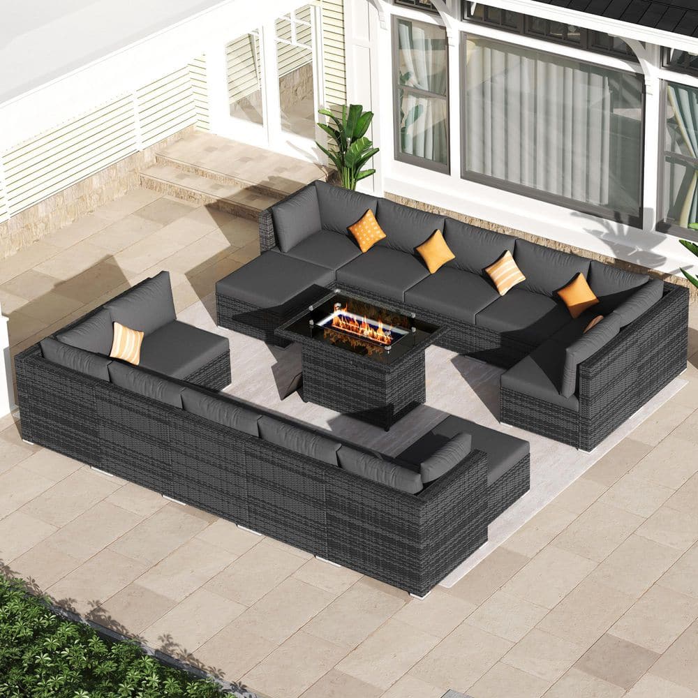 15-Piece Outdoor PE Wicker Patio Furniture Deep Seating Conversation Set with Fire Pit Table, Dark Gray Cushion, Ottoman price history on PriceWatchPro