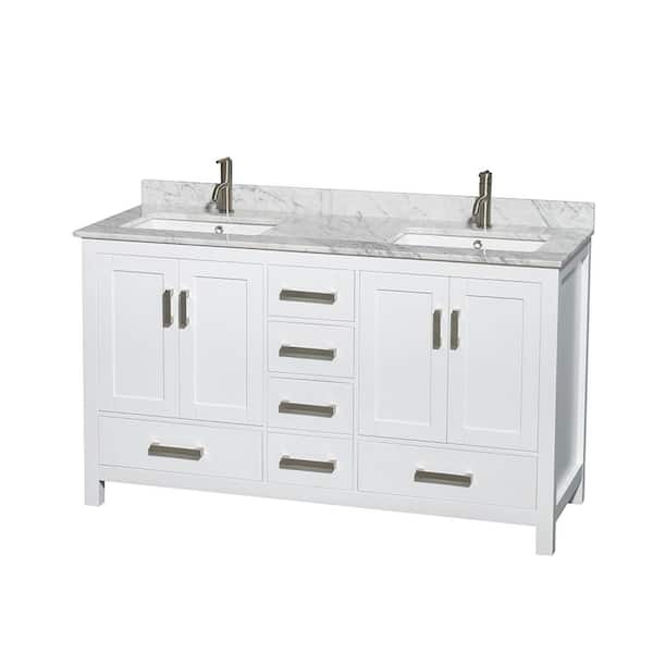 Wyndham Collection Sheffield 60 in. Double Vanity in White with Marble Vanity Top in Carrara White
