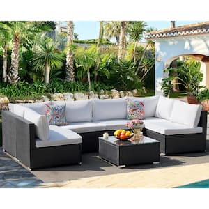 Black 7 -Piece Wicker Rattan Outdoor Coversation Sectional Set with Beige Cushions and Glass Table