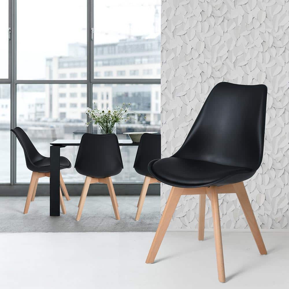 Set of 4 Black Upholstered Leather Side Chairs with Wood Legs