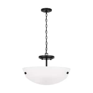 Kerrville 15 in. 2-Light Midnight Black Semi-Flush Mount Convertible Pendant Light with Satin Etched Glass Shade