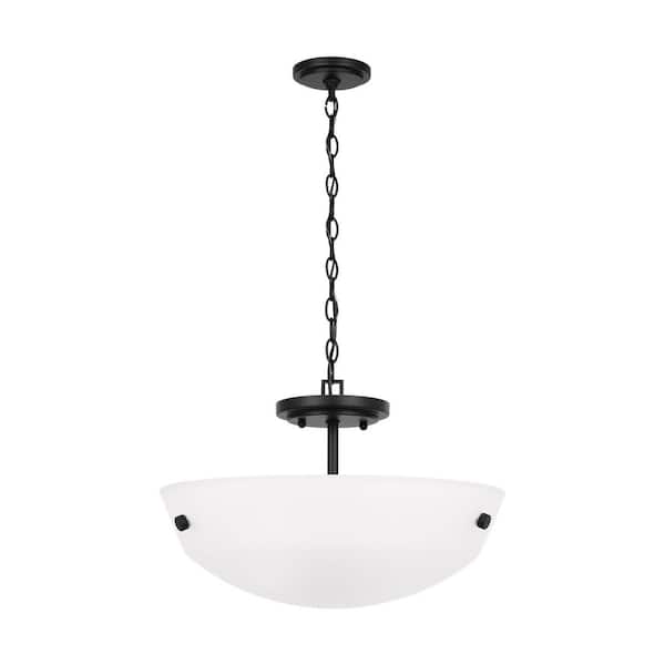 Teamson Kids Kerrville 15 in. 2-Light Midnight Black Semi-Flush Mount Convertible Pendant Light with Satin Etched Glass Shade