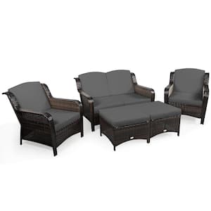 5-Piece 2 in 1 Design Wicker Patio Conversation Set with Gray Cushions and Glass Table