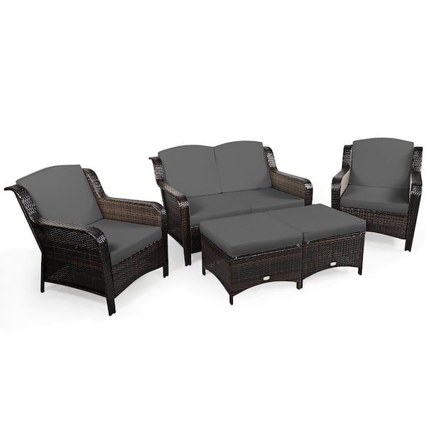Costway 5-Piece 2 in 1 Design Wicker Patio Conversation Set with Gray Cushions and Glass Table