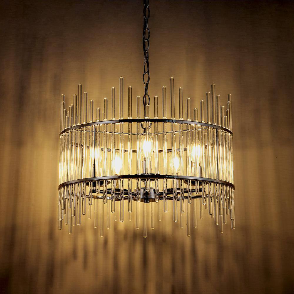 Gold and Crystal 5-Light Drum Chandelier with Glass Rods