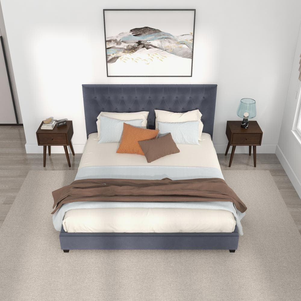 Elda Gray Velvet Upholstered King Platform Bed with Tufted Headboard