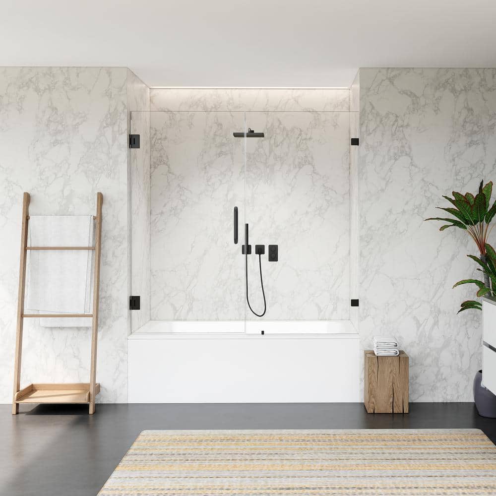 60" Matte Black Frameless Hinged Tub Door with Clear Glass