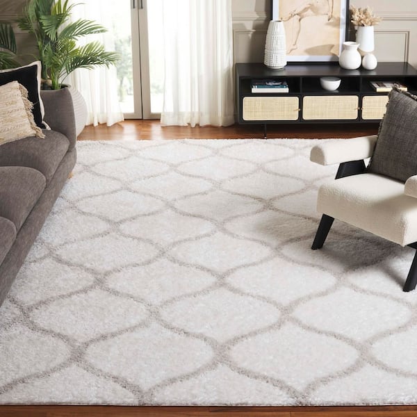 Tahoe Shag 9 ft. x 12 ft. White/Silver Trellis Modern Area Rug
