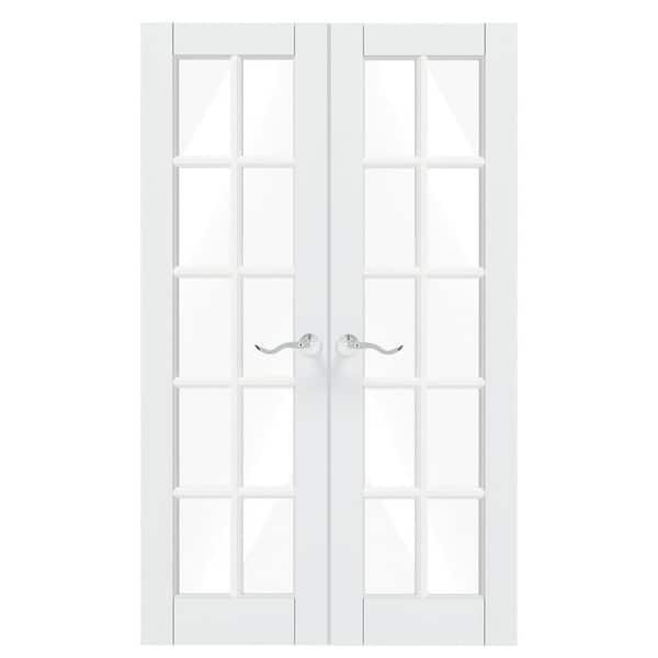 TENONER 48 in. x 80 in. Composite, MDF, 10-Lite, Clear Glass, Primed, White Interior Door Slab with Silver Curved Doorknob