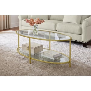 Bella 46 in. Gold Leaf/Clear Large Oval Glass Coffee Table with Shelf