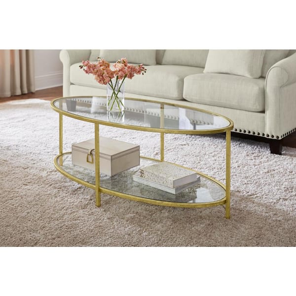 Home Decorators Collection Bella 46 in. Gold Leaf/Clear Large Oval Glass Coffee Table with Shelf