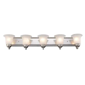 Cabernet Collection 38 in. 5-Light Brushed Nickel Bathroom Vanity Light Fixture with White Marbleized Glass Shades