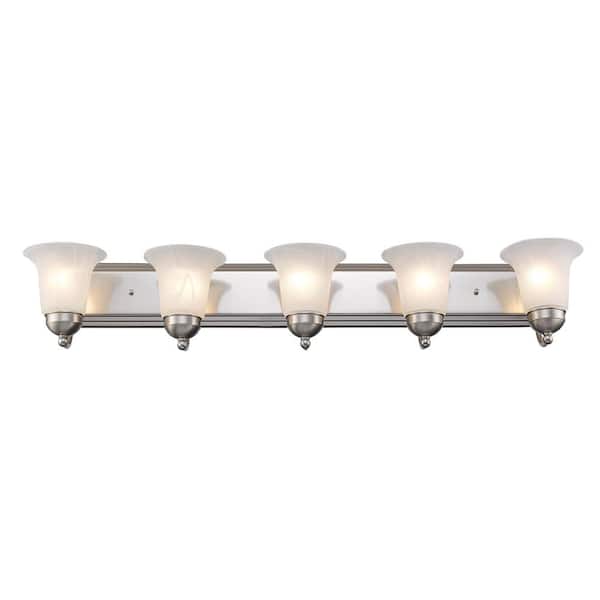 Bel Air Lighting Cabernet Collection 38 in. 5-Light Brushed Nickel Bathroom Vanity Light Fixture with White Marbleized Glass Shades
