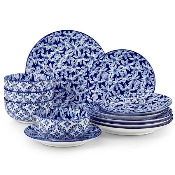 12-Piece Blue Porcelain Dinnerware Set Service for 4 White Orchid Pattern Bowls and Plates Set for Kitchen Dinning