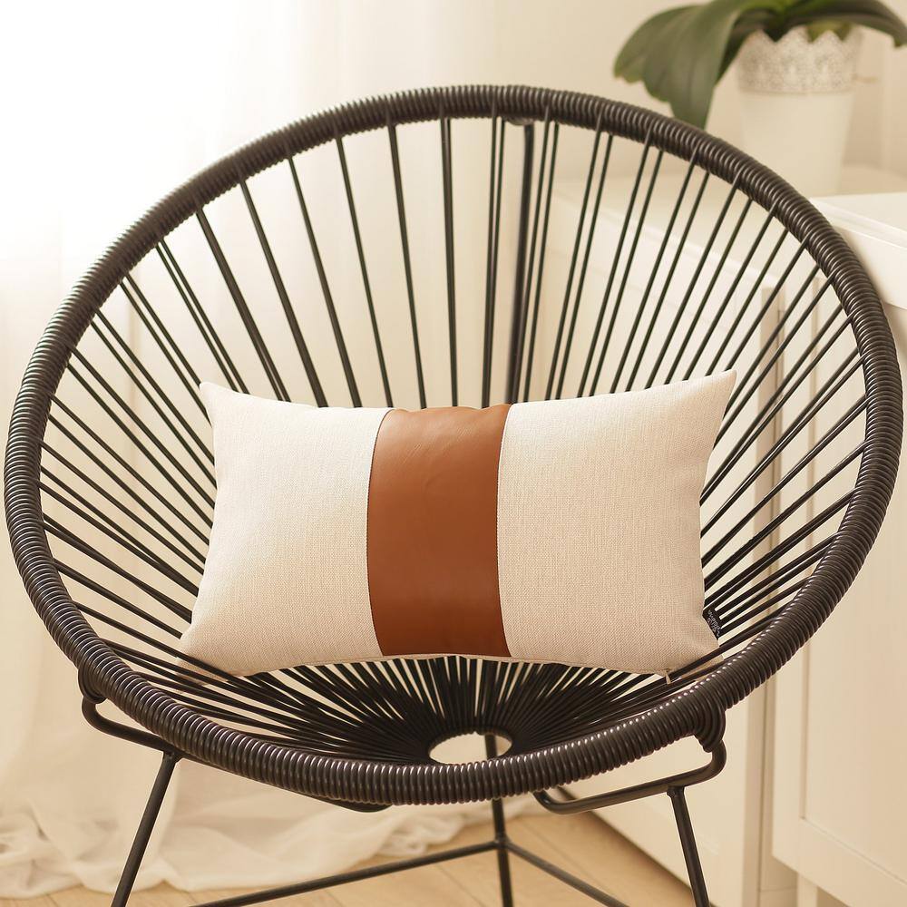 Set of 2 Brown and Beige Faux Leather Rectangular Throw Pillows