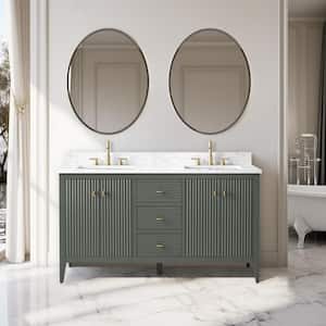 60 in. W x 22 in D x 38 in. H Double Sink Bath Vanity Cabinet in Linear Vintage Green with White Engineered Marble Top