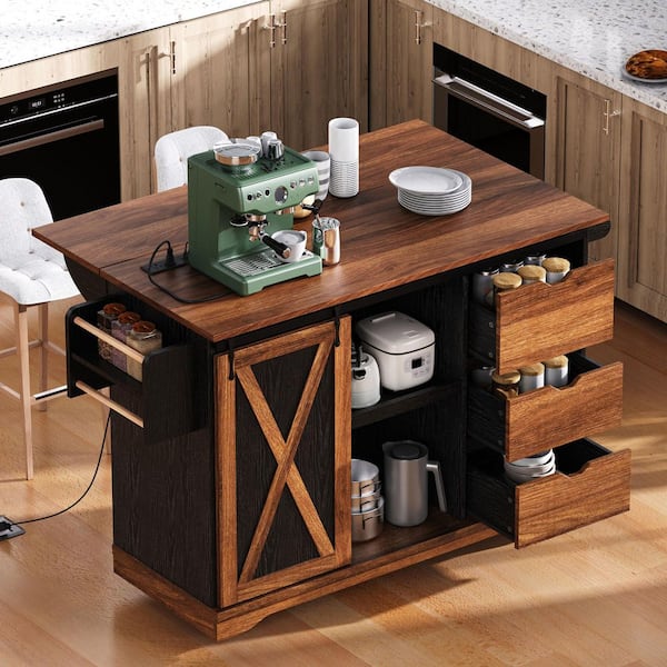 Farmhouse Black Wood 55.5 in. Drop Leaf Power Outlet Kitchen Island Kitchen Storage Cart with Barn Door and Spice Rack