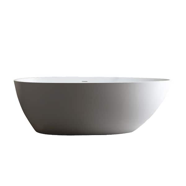 59 in. Soaking Solid Surface Stone Resin Freestanding Flatbottom Bathtub With Pop-up Drain in Matte White