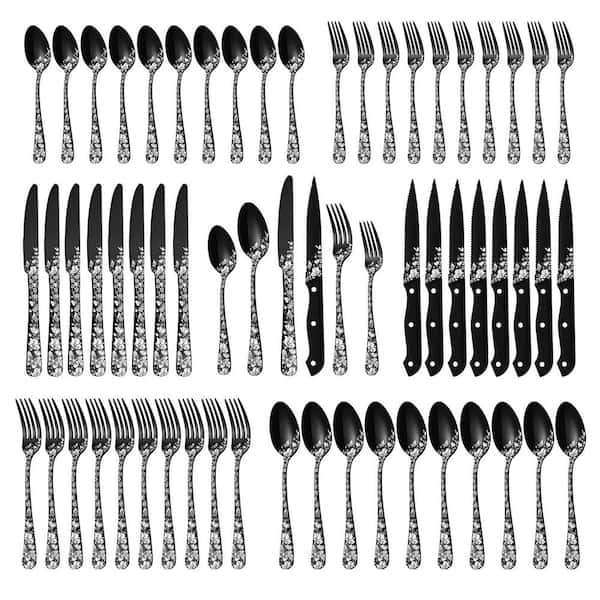 48-Piece Stainless Steel Flatware Set for 8 Black Finish Mirror Polished Ergonomic Handle Dishwasher Safe Set
