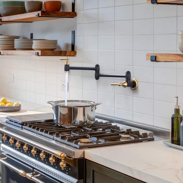 Wall Mounted Pot Filler with Handle in Black and Gold