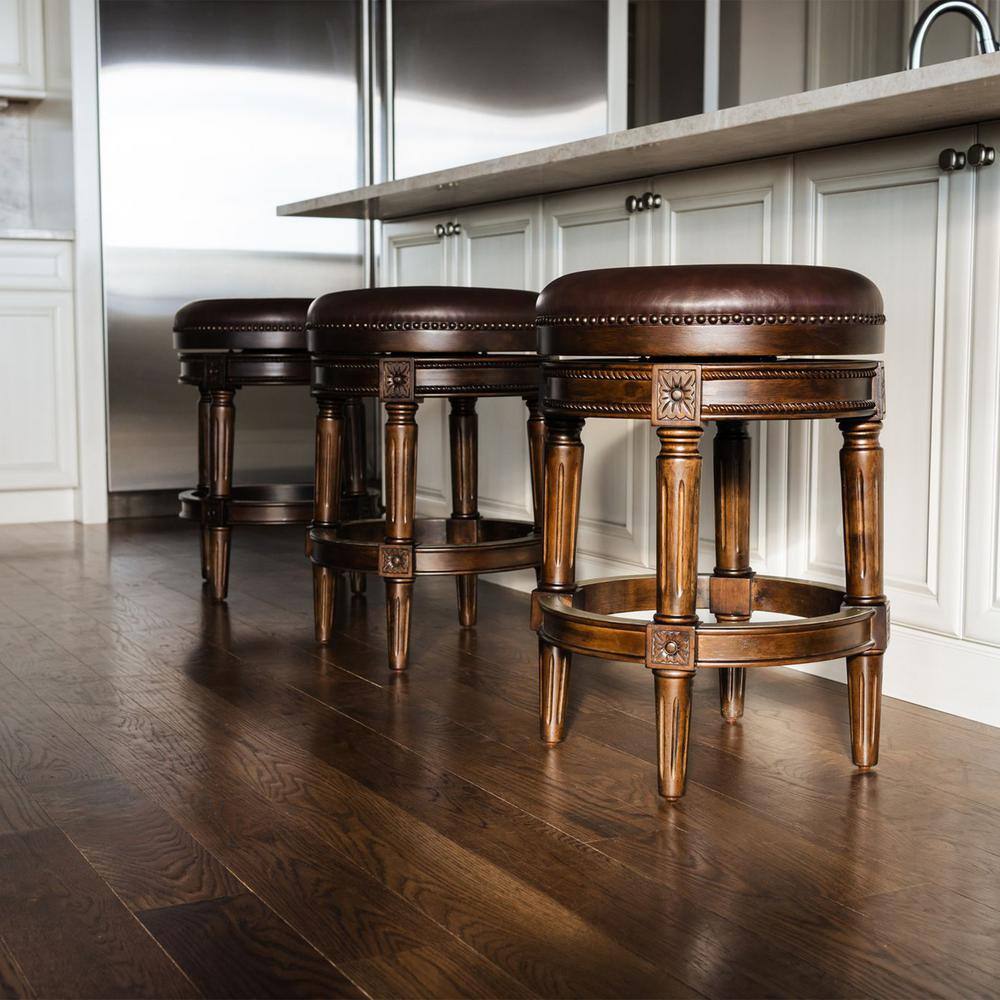 Dark Walnut Backless Swivel Bar Stool with Leather Seat