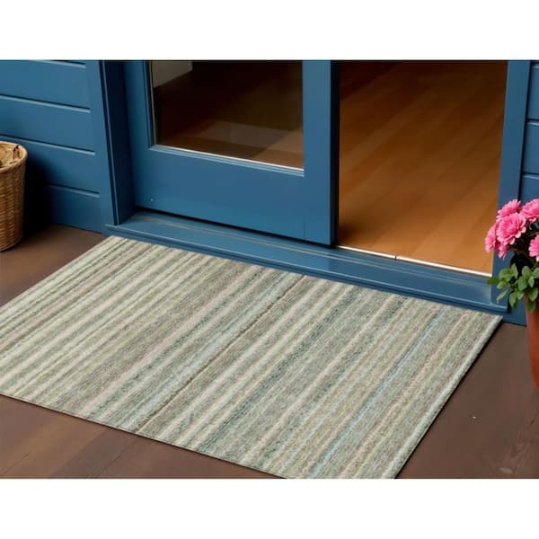 Sage, Mint Green, Beige 3 ft. x 5 ft.  Woven Striped Polyester Rectangle Indoor / Outdoor Area Rug