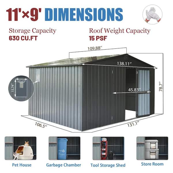 11 ft. W x 9 ft. D Dark Gray Metal Outdoor Garden Tool Shed with