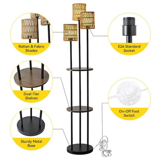 CACI Mall 65 in. Black Boho 3-Light Tree Floor Lamp with Shelves
