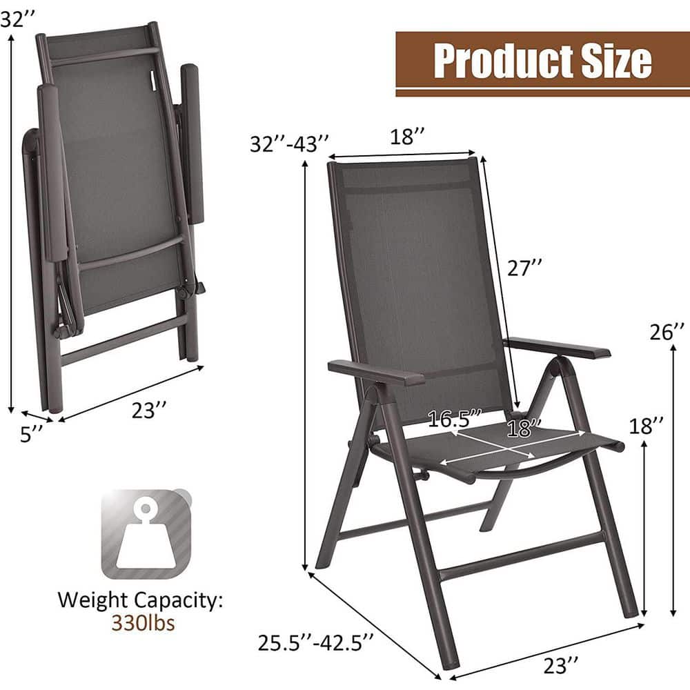 Gray Aluminum Folding Dining Chairs with Adjustable Reclining Backrest, Set of 2