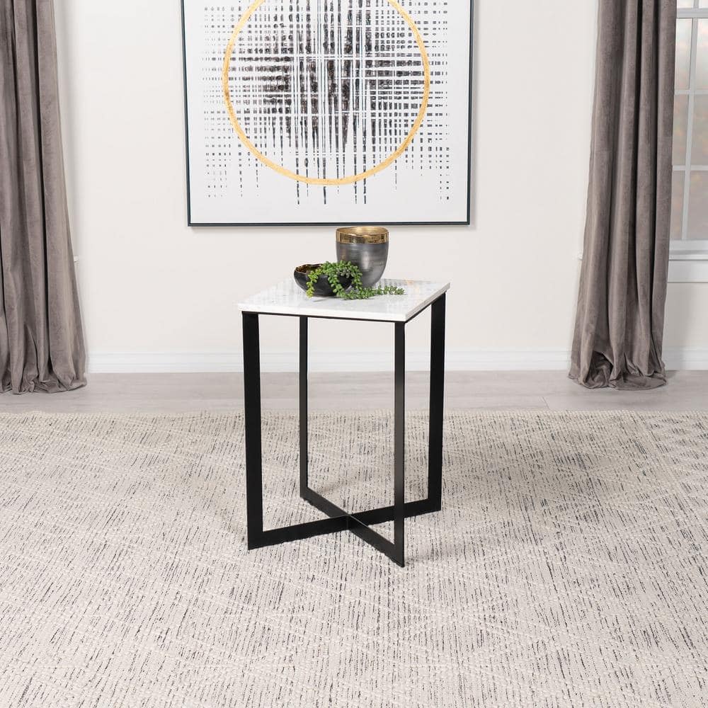 White Marble Top Square End Table with Black Metal Base