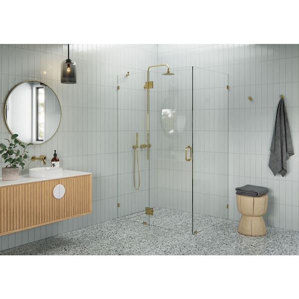 48 in. W x 39 in. D x 78 in. H Pivot Frameless Corner Shower Enclosure in Polished Brass Finish with Clear Glass