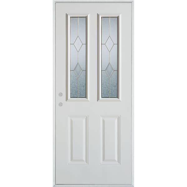 Stanley Doors 32 in. x 80 in. Geometric Brass 2 Lite 2-Panel Painted White Right-Hand Inswing Steel Prehung Front Door