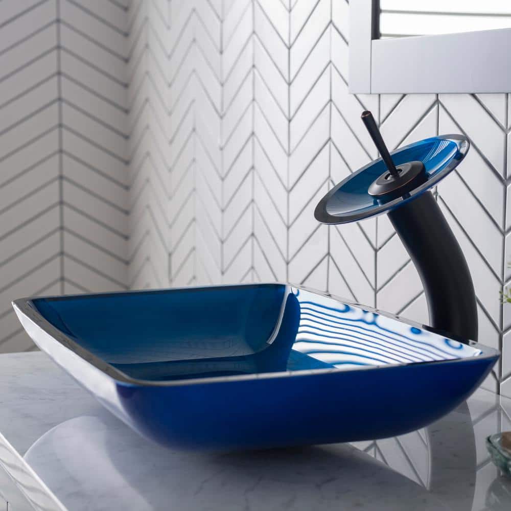 Fire Blue Rectangular Glass Vessel Sink with Waterfall Faucet