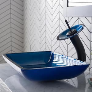 Irruption Rectangular Glass Vessel Sink in Blue with Waterfall Faucet in Oil Rubbed Bronze